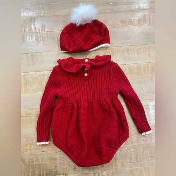 Shabby Chic baby girl knit romper dress set worn Pom Pom beret hat - Picture 9 of 12